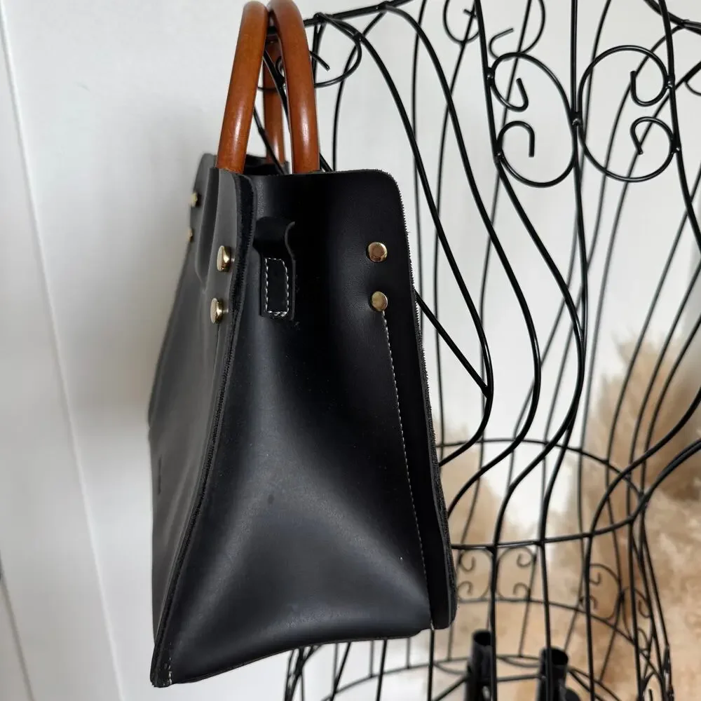 Laura Ashley Black Ivy Zip Tote Bag with Wooden Handles
